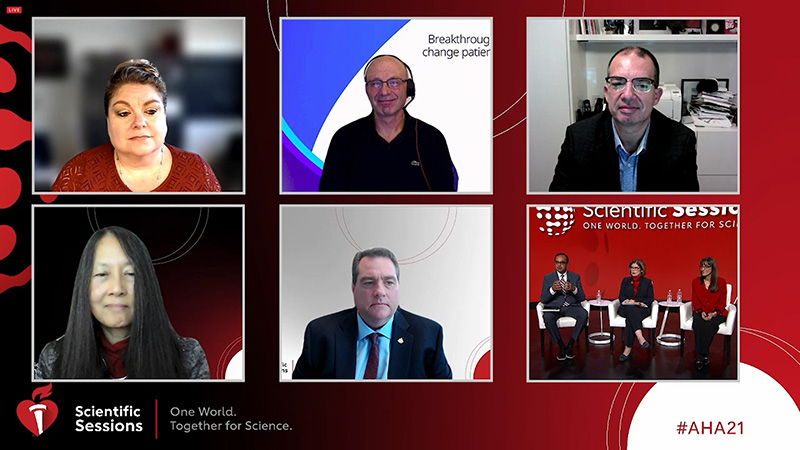 Health experts discussed COVID-19 vaccine development and cardiovascular disease implications on Saturday at the American Heart Association's virtual Scientific Sessions. Clockwise from top left: Nicole Purcell, Dr. Mikael Dolsten, Stéphane Bancel, Dr. Biykem Bozkurt, Nancy Brown, Dr. Manesh Patel, Raymond Vara Jr. and Dr. Mina Chung. (American Heart Association)