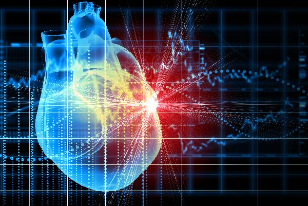 Translucent digital heart representation with grid overlay and red burst of light from one side