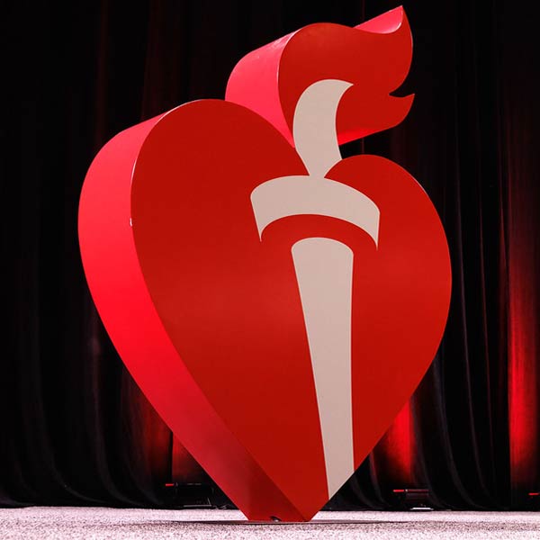 A photo of a three-dimensional American Heart Association Heart & Torch logo.