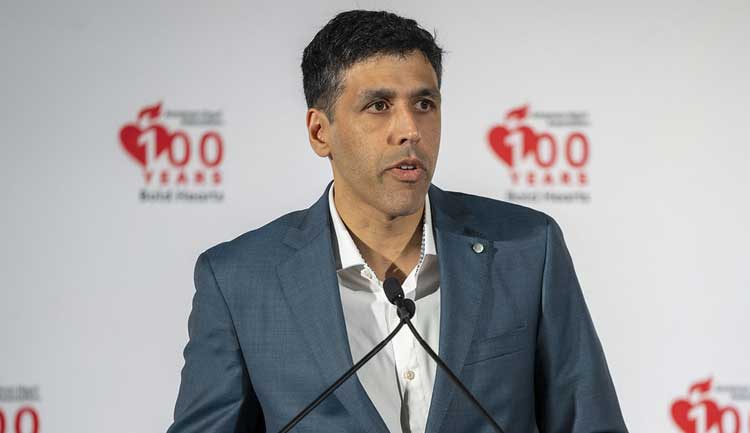 Alexander T Sandhu of Stanford University, Stanford, CA, discusses results of the PHARM-HF A&F study during #AHA24 in Chicago, Illinois, November 16, 2024.