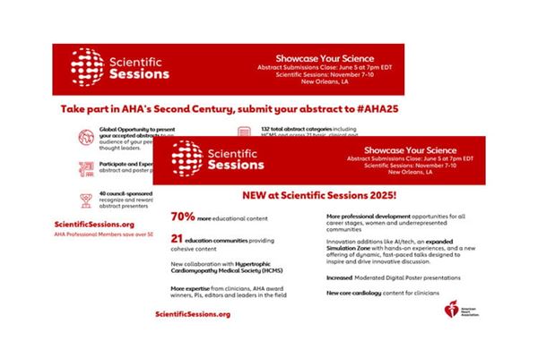 A thumbnail image of two slides available for download to promote #AHA25's call for abstracts.