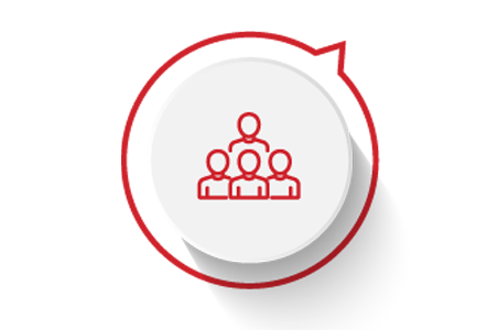 A red icon representing a group of people on a white background