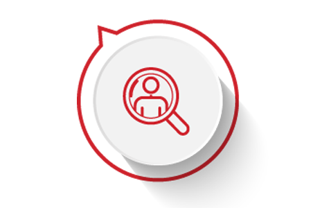 A red icon showing a magnifying glass showing a person on a white background