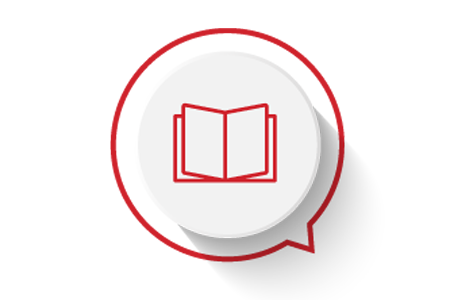 A red icon showing an open book on a white background