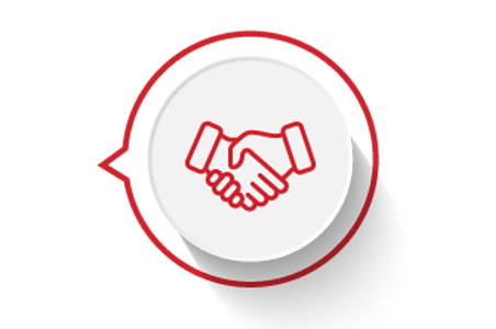 A red icon showing a handshake on a white background