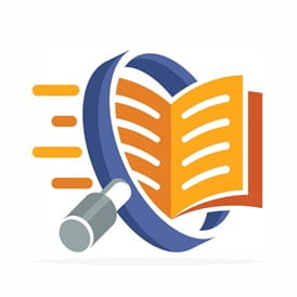 Decorative image of an open book with pages flipping through a magnifying glass