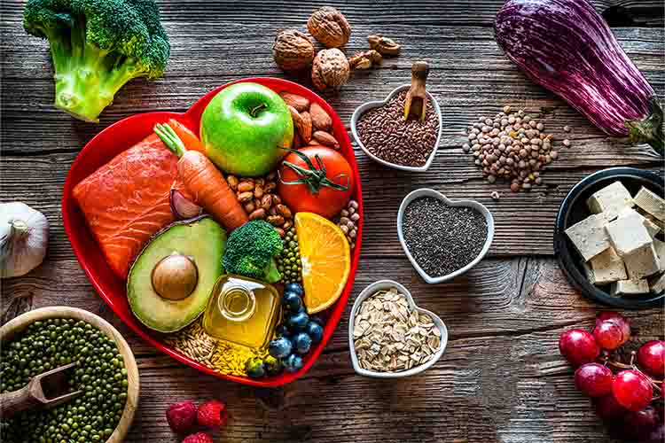 healthy food shown on wooden table